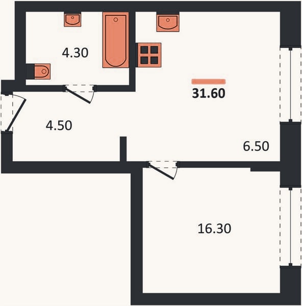 Планировка: 1-к, 31,6 м²