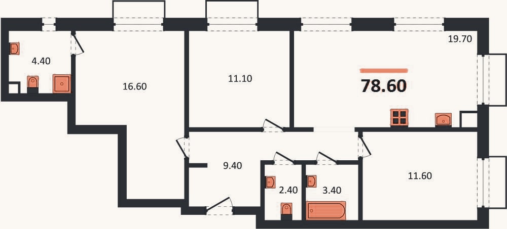 Планировка: 3-к, 78,6 м²