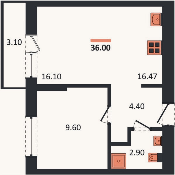 Планировка: 1-к, 36 м²