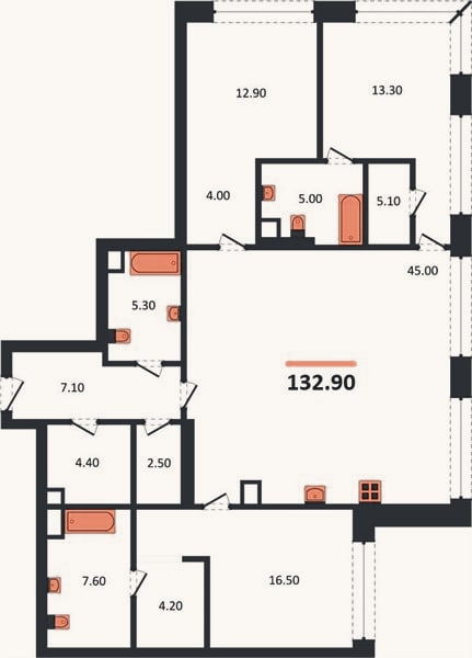 Планировка: 3-к, 132,9 м²
