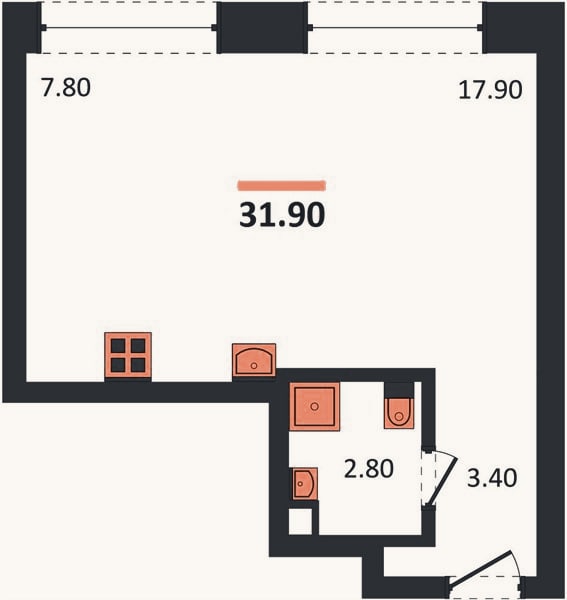 Планировка: Студия, 31,9 м²