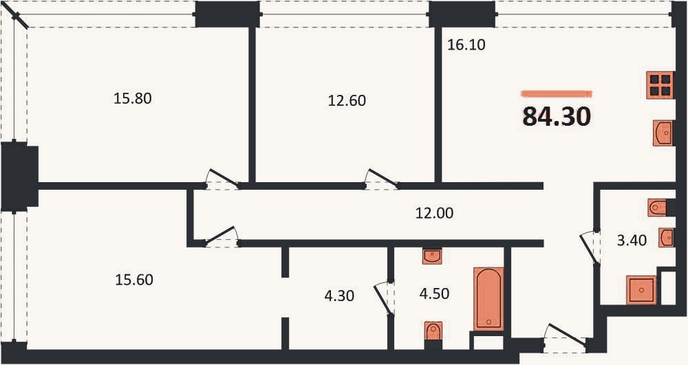 Планировка: 3-к, 84,3 м²