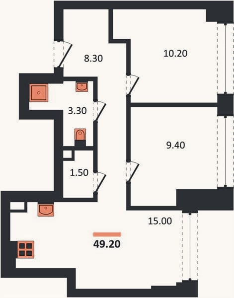 Планировка: 2-к, 49,2 м²