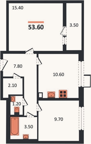 Планировка: 2-к, 53,6 м²