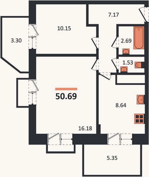 Планировка: 2-к, 50,7 м²