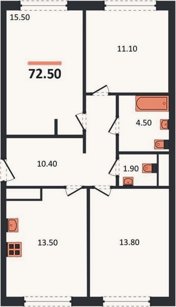 Планировка: 3-к, 72,5 м²