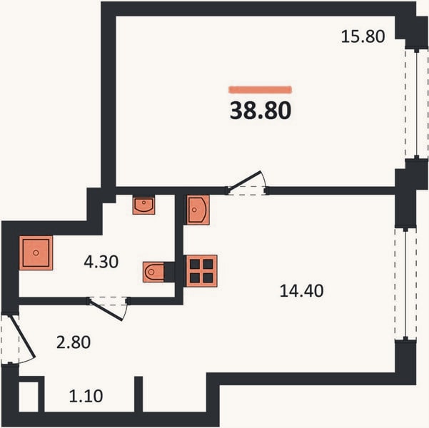 Планировка: 1-к, 38,8 м²