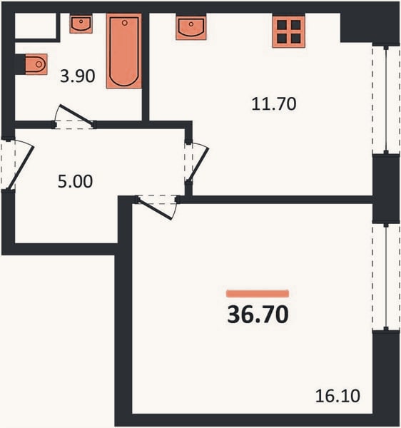 Планировка: 1-к, 36,7 м²
