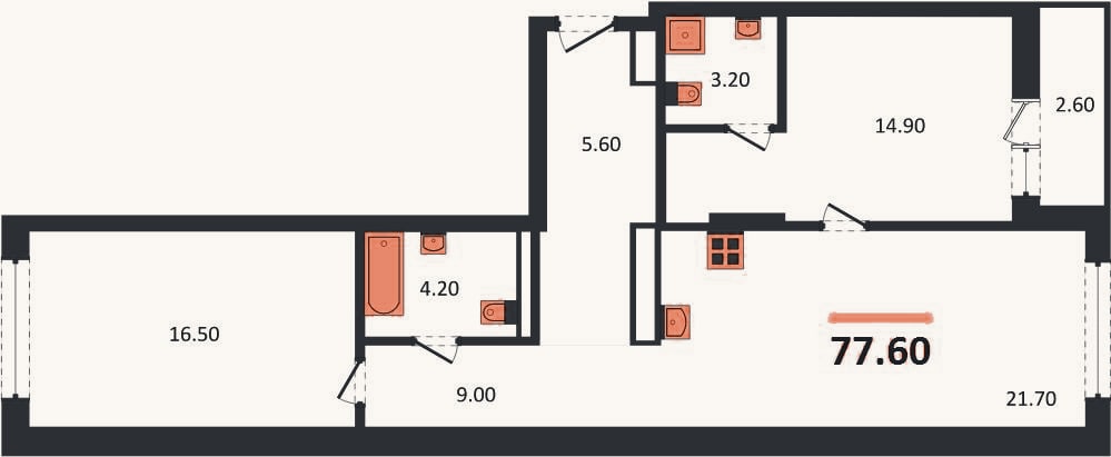 Планировка: 2-к, 77,6 м²