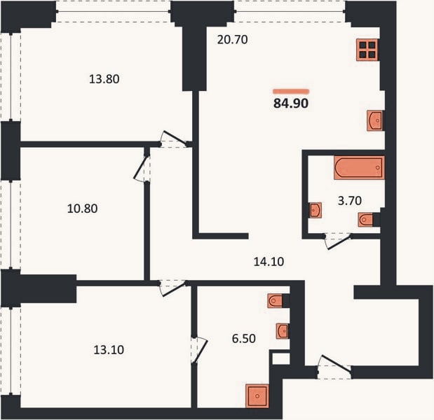 Планировка: 3-к, 84,9 м²