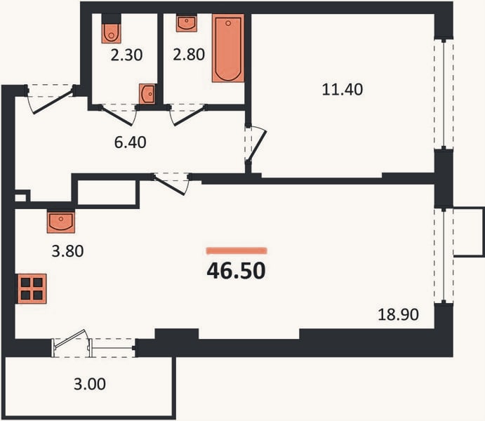 Планировка: 1-к, 46,5 м²