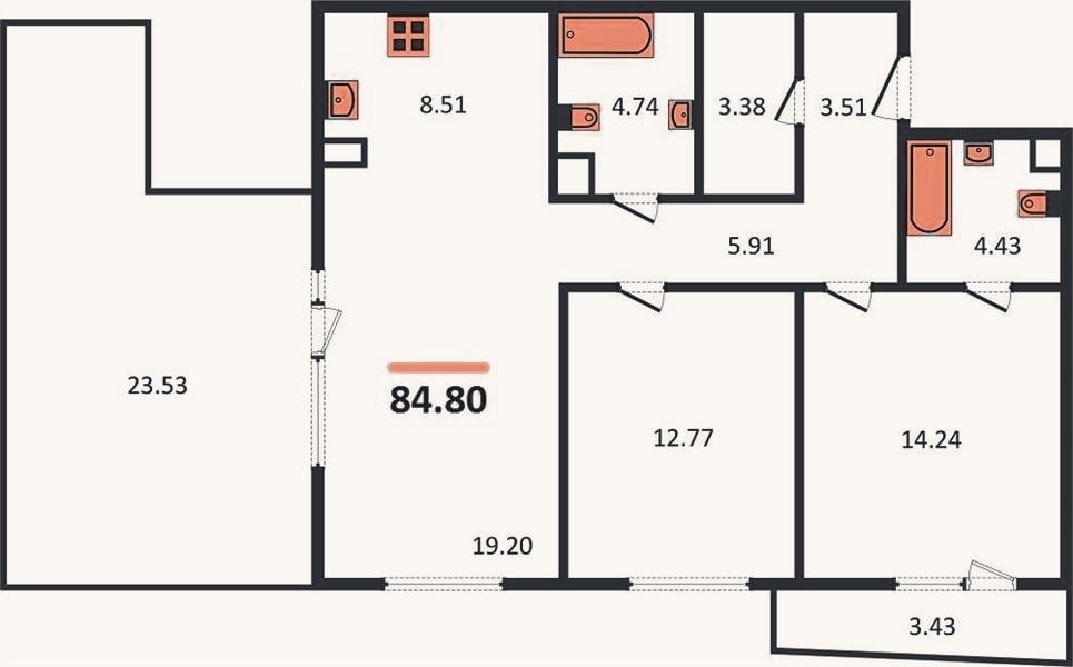 Планировка: 2-к, 84,8 м²