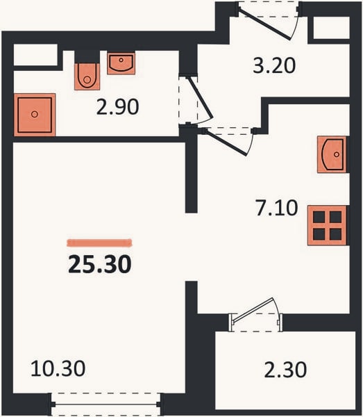 Планировка: 1-к, 25,3 м²