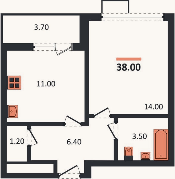 Планировка: 1-к, 38,3 м²