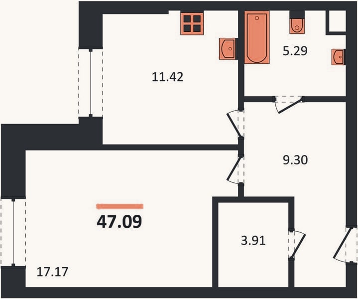 Планировка: 1-к, 47,1 м²