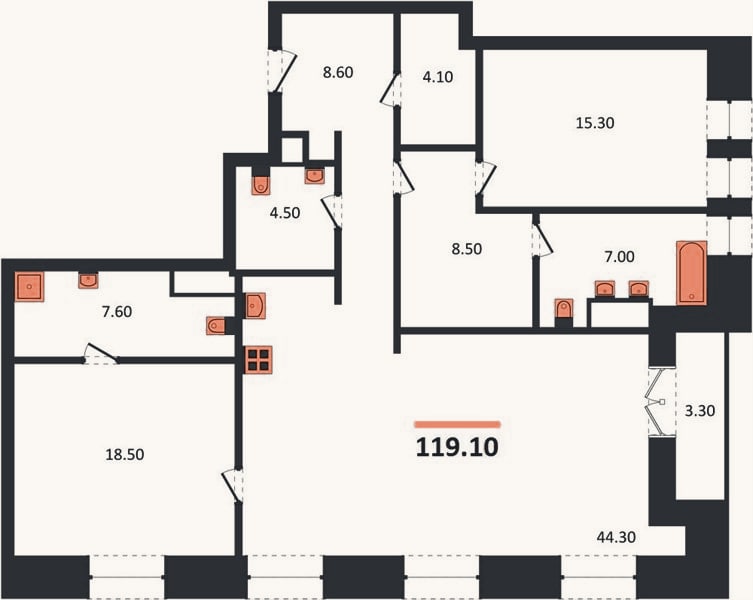 Планировка: 2-к, 119,1 м²