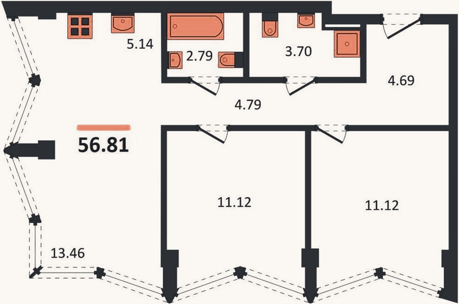 Планировка: 2-к, 56,8 м²