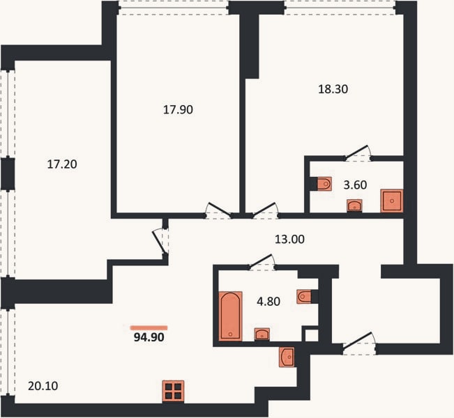 Планировка: 3-к, 94,9 м²