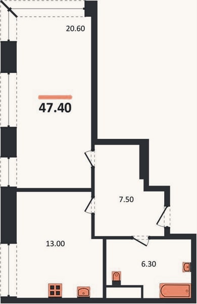Планировка: 1-к, 47,4 м²