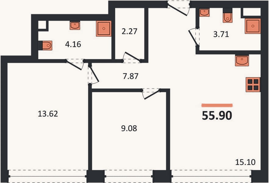 Планировка: 2-к, 55,9 м²