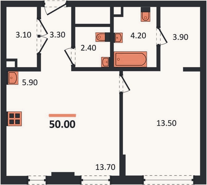 Планировка: 1-к, 50 м²