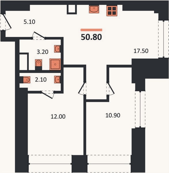 Планировка: 2-к, 50,8 м²
