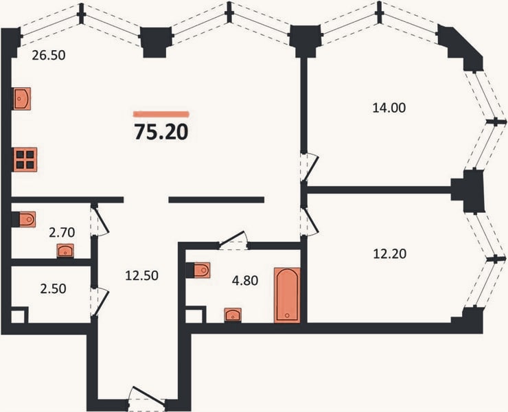 Планировка: 2-к, 75,2 м²