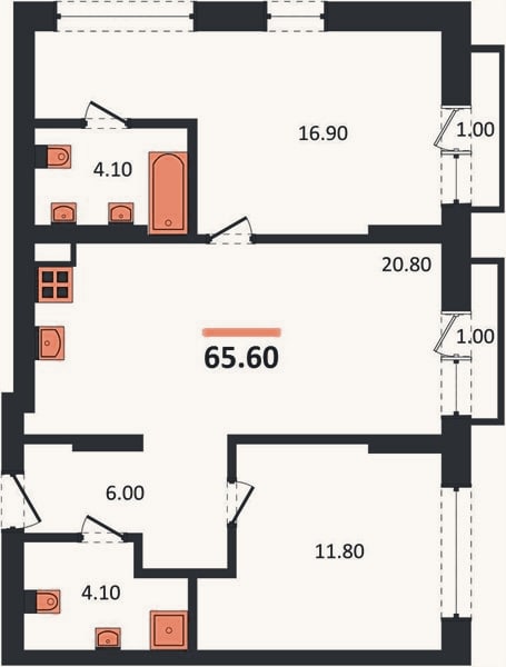 Планировка: 2-к, 65,6 м²