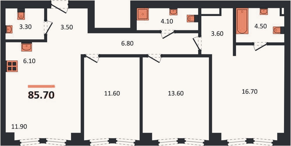 Планировка: 3-к, 85,7 м²