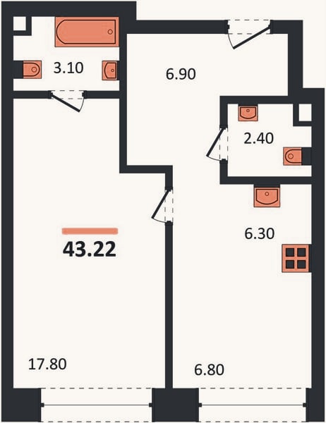 Планировка: 1-к, 43,2 м²
