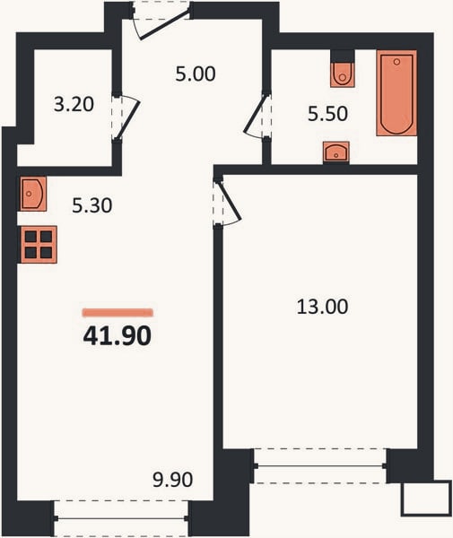 Планировка: 1-к, 41,9 м²