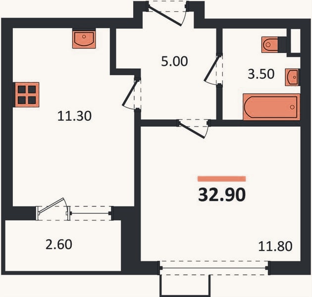 Планировка: 1-к, 32,9 м²