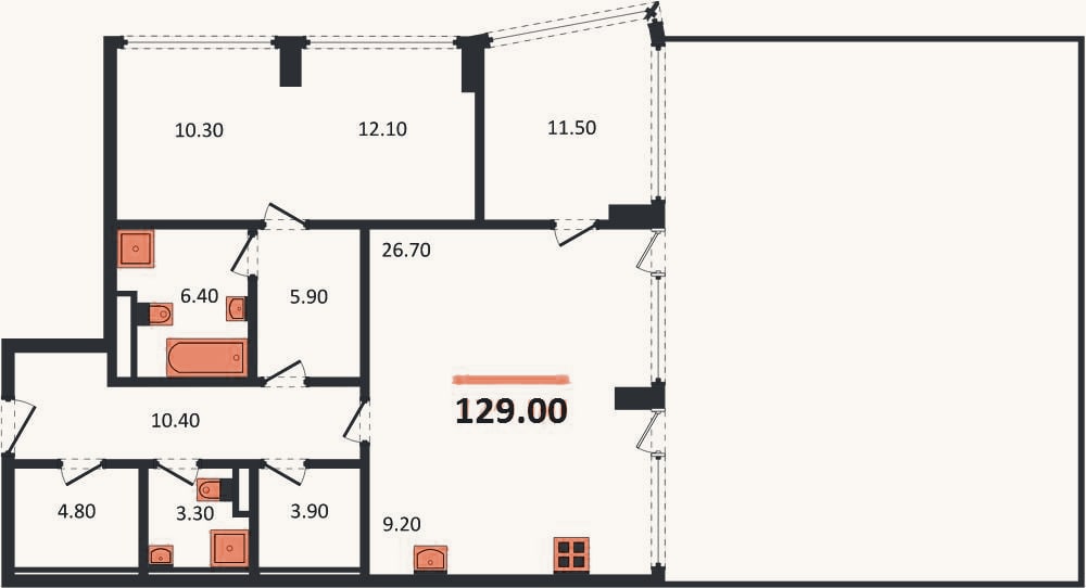 Планировка: 2-к, 129 м²