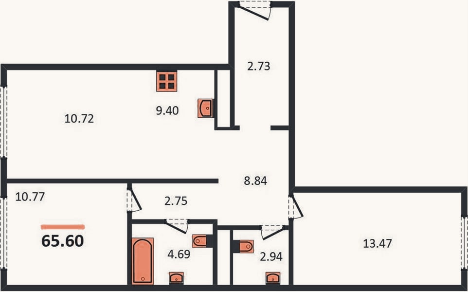 Планировка: 2-к, 65,6 м²