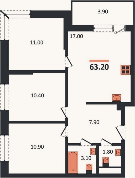 Планировка: 3-к, 63,2 м²
