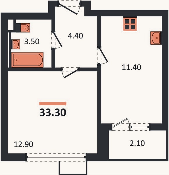 Планировка: 1-к, 33,3 м²