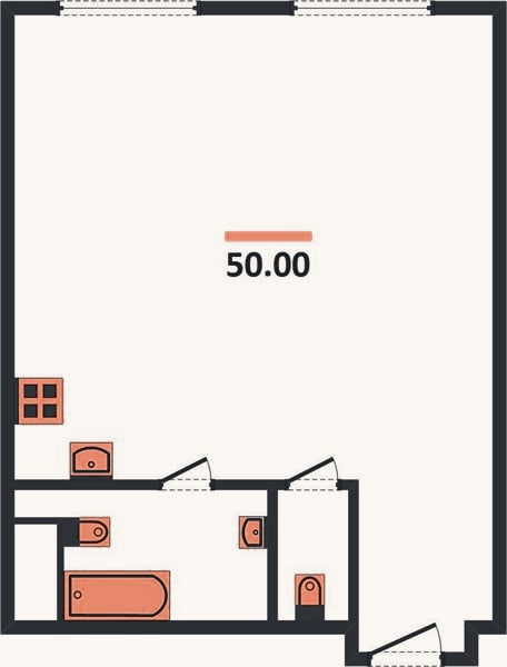 Планировка: 1-к, 50 м²
