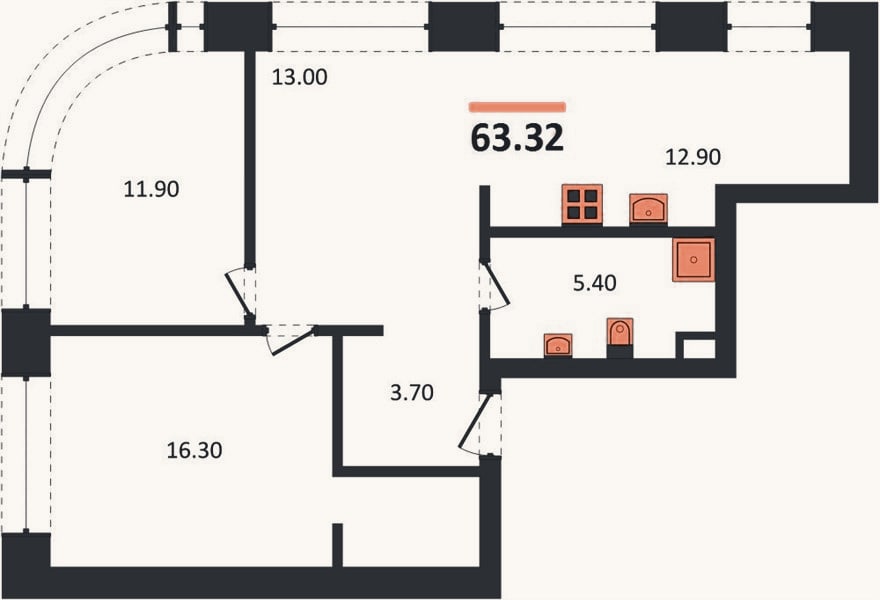 Планировка: 2-к, 63,3 м²
