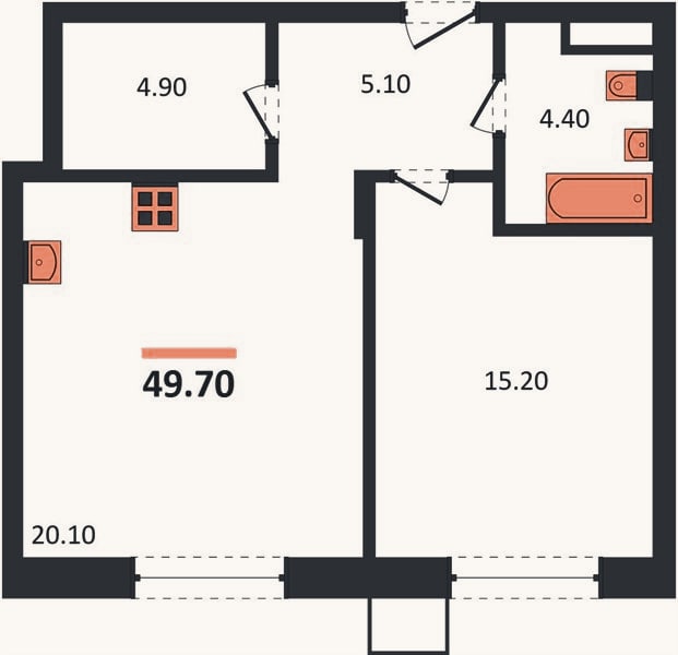 Планировка: 1-к, 49,7 м²