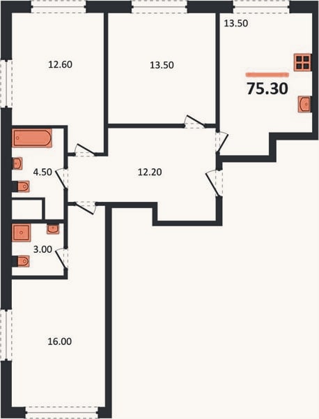Планировка: 3-к, 75,7 м²
