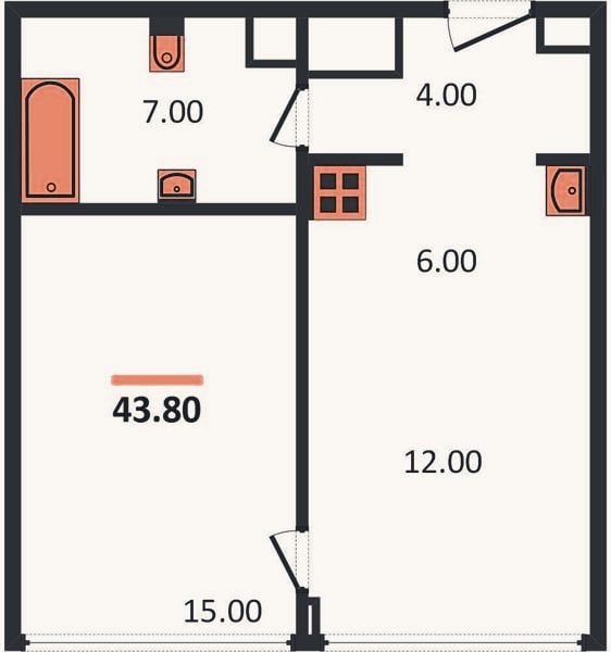Планировка: 1-к, 43,8 м²