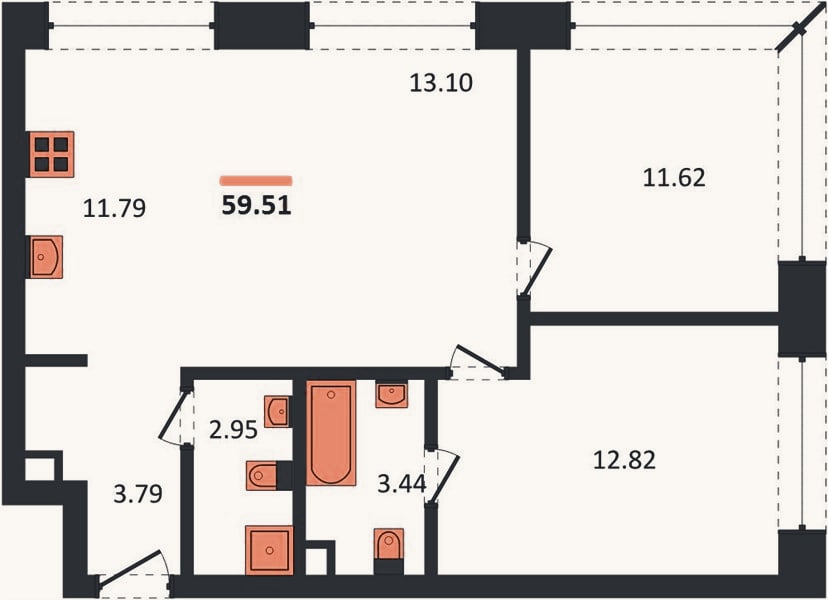 Планировка: 2-к, 59,5 м²
