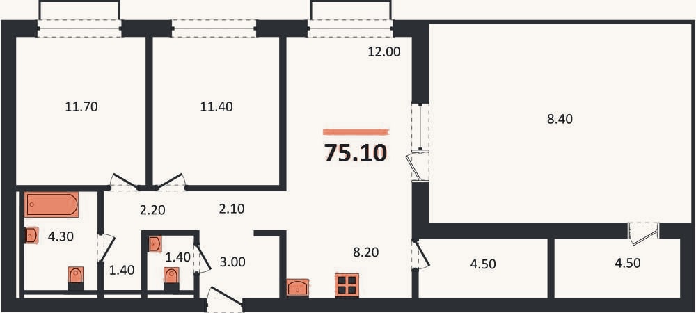 Планировка: 2-к, 75,1 м²