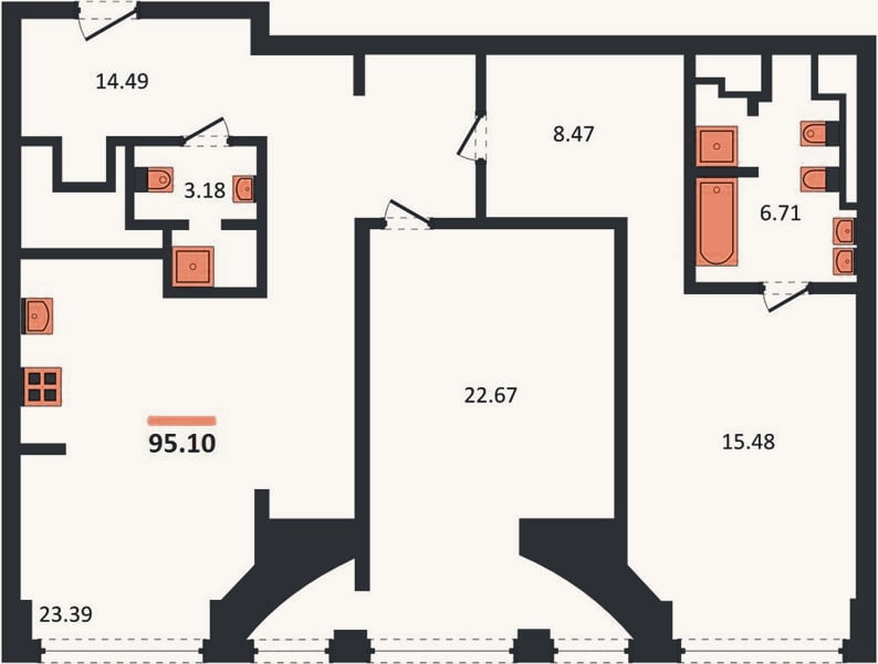 Планировка: 2-к, 95,1 м²
