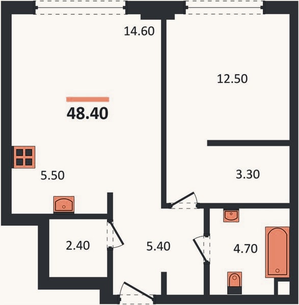 Планировка: 1-к, 48,4 м²