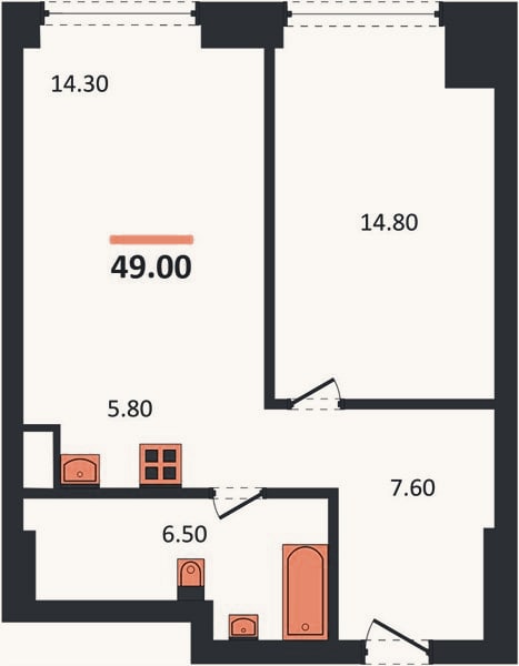 Планировка: 1-к, 49 м²
