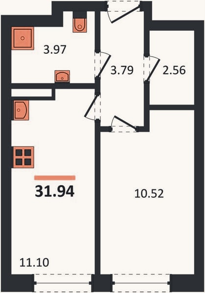 Планировка: 1-к, 31,9 м²