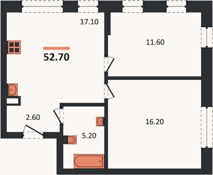 Планировка: 2-к, 52,7 м²