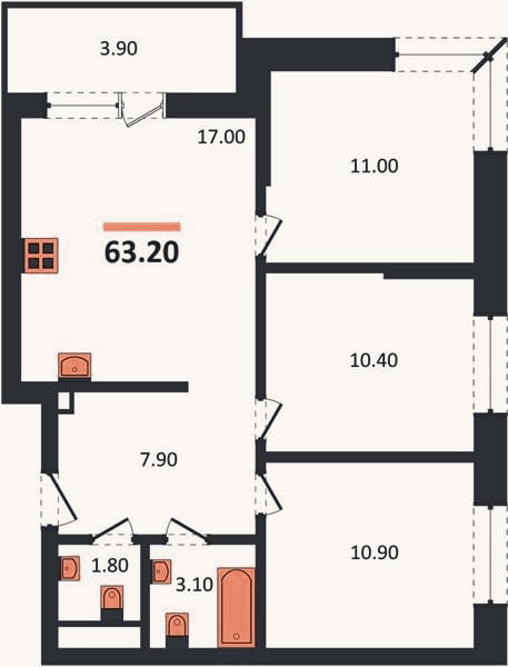 Планировка: 3-к, 63,2 м²