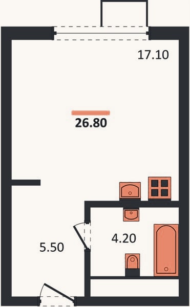 Планировка: Студия, 26,8 м²